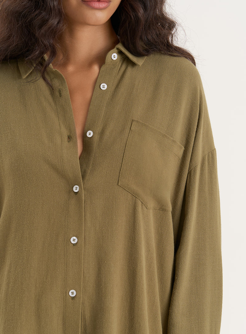 Olive Linen Blend Oversized Shirt- Anna