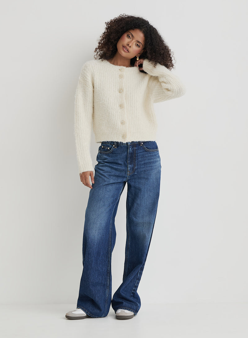 Cream Fluffy Knit Crew Neck Cardigan- Kinsley