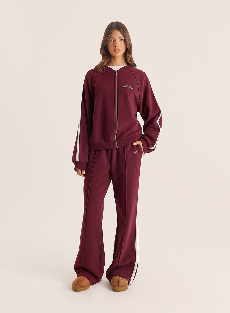 Burgundy Contrast Stripe Zip Bomber Jacket