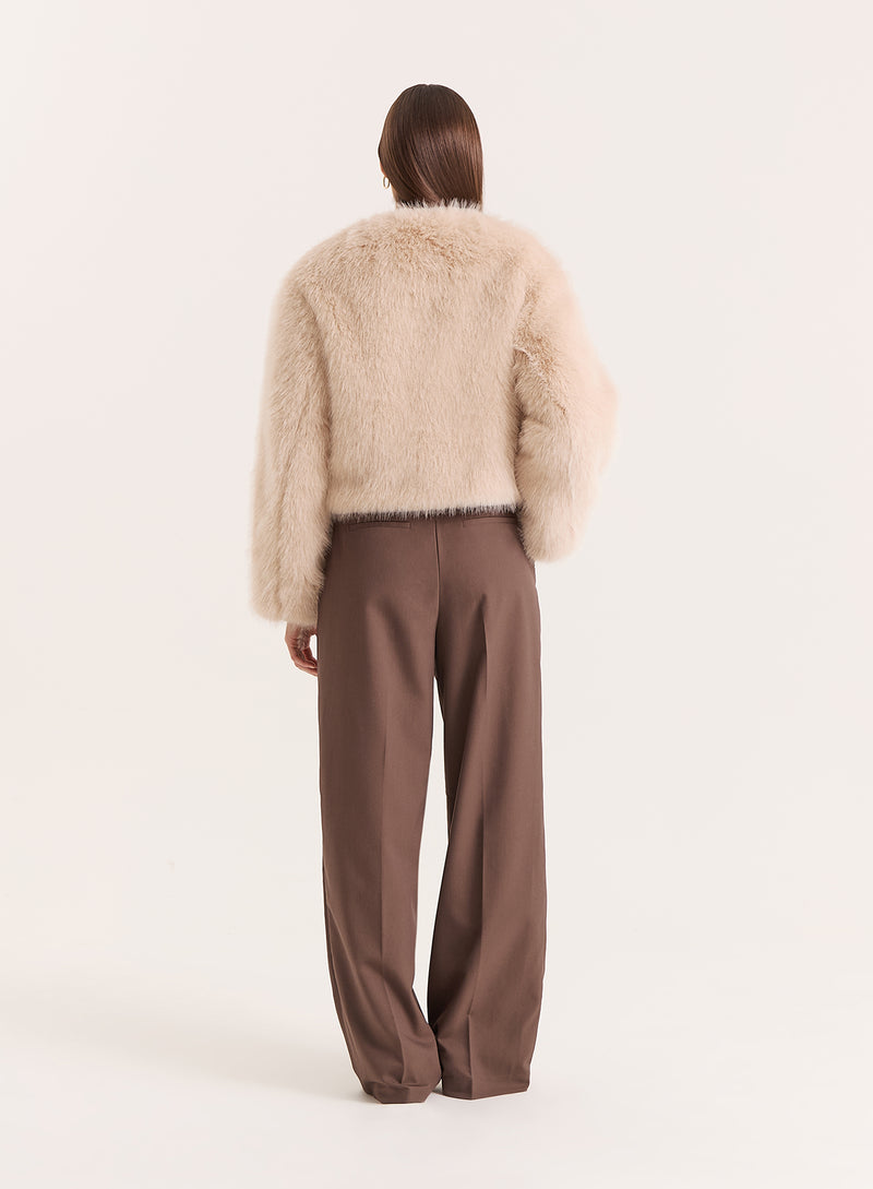 Beige Faux Fur Cropped Jacket- Reysha