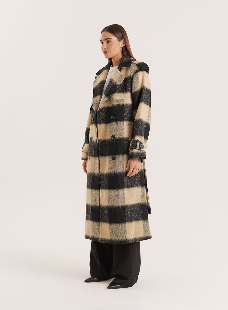 Black And Beige Wide-Checked Belted Trench Coat- Carey