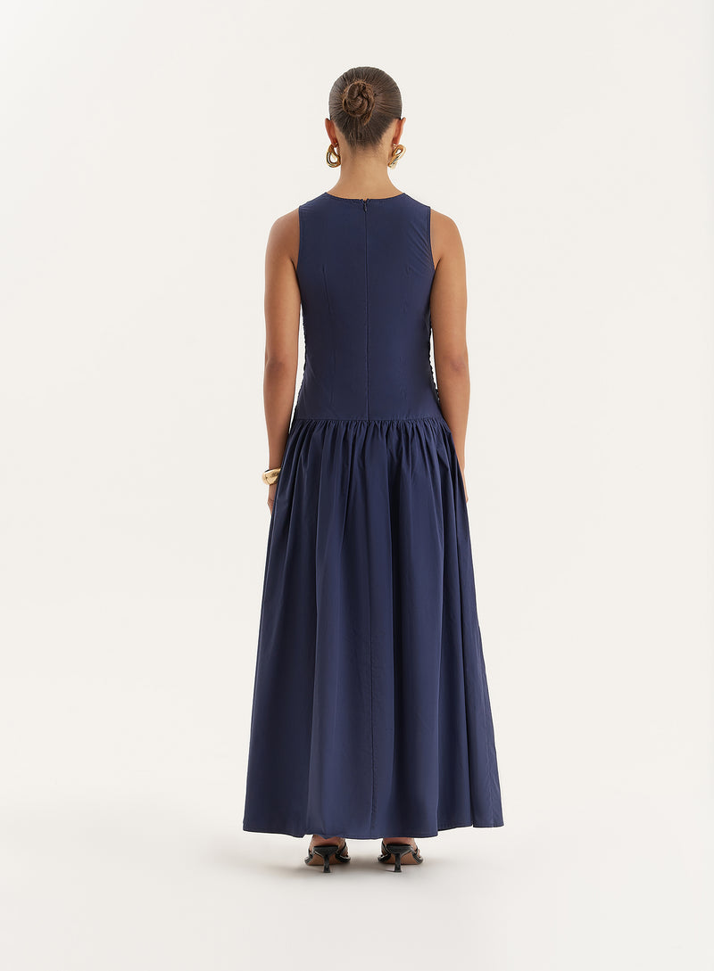 Navy Cotton Poplin Drop Waist Maxi Dress- Zendaya