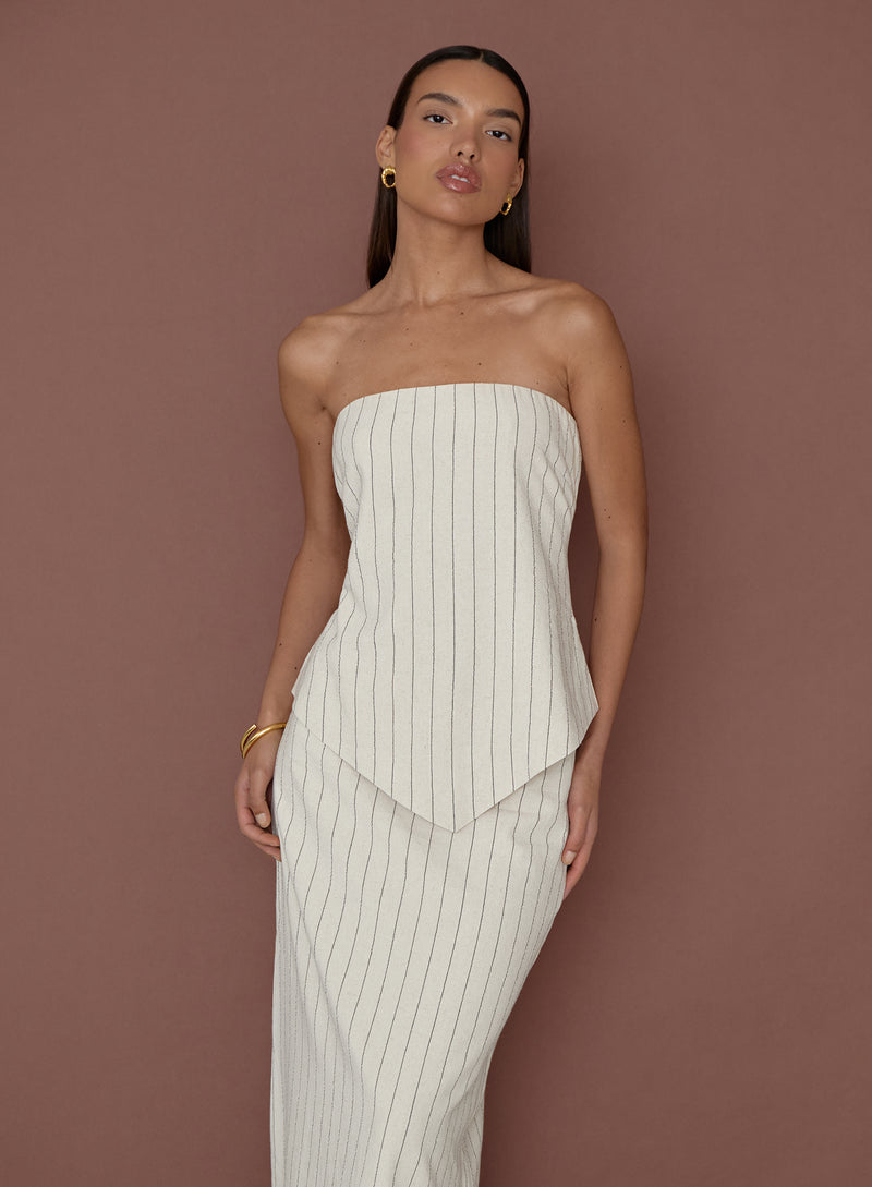 Beige Striped Linen Bandeau Top- Alai