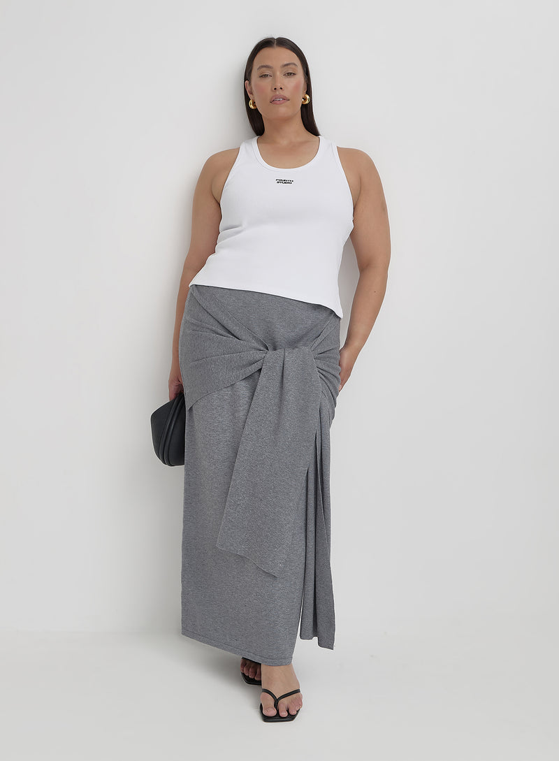 Grey Plus Size Knit Tie Front Maxi Skirt- Alana