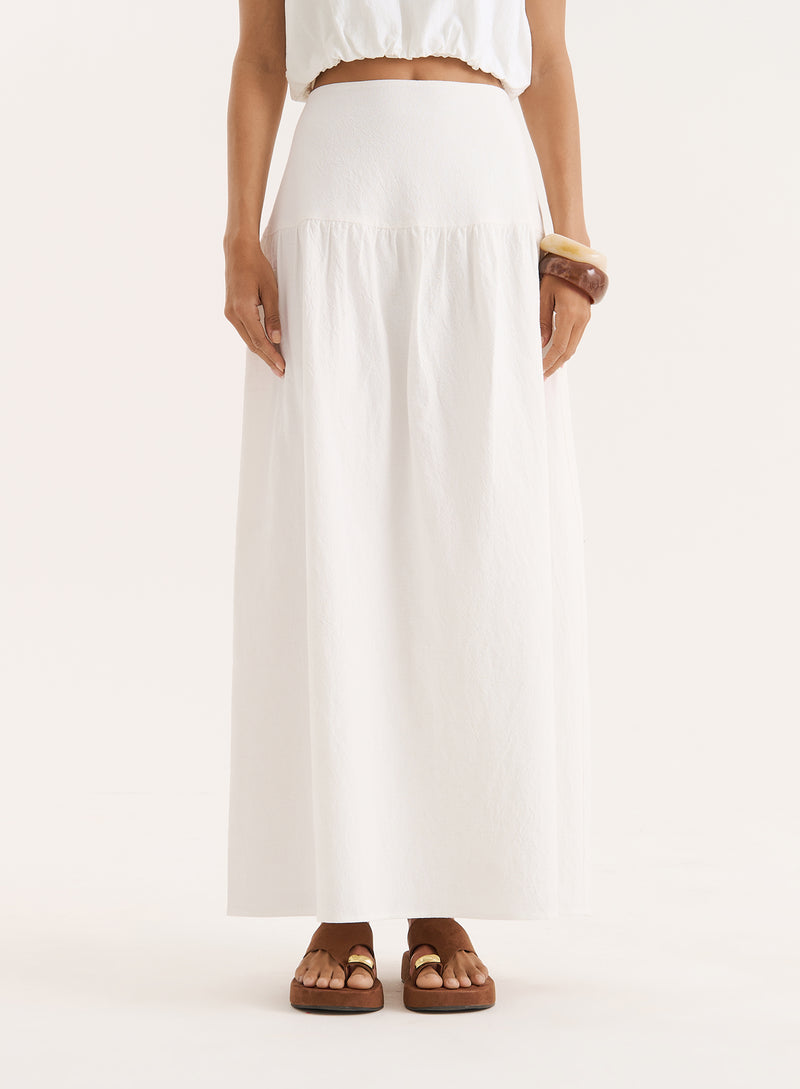 White Cotton Drop Waist Maxi Skirt- Selene