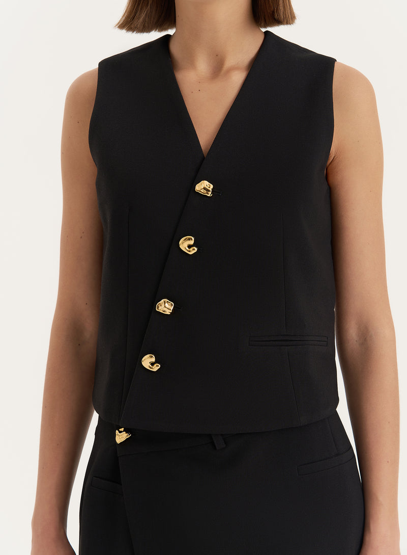 Black Asymmetric Gold Button Front Waistcoat- Brie