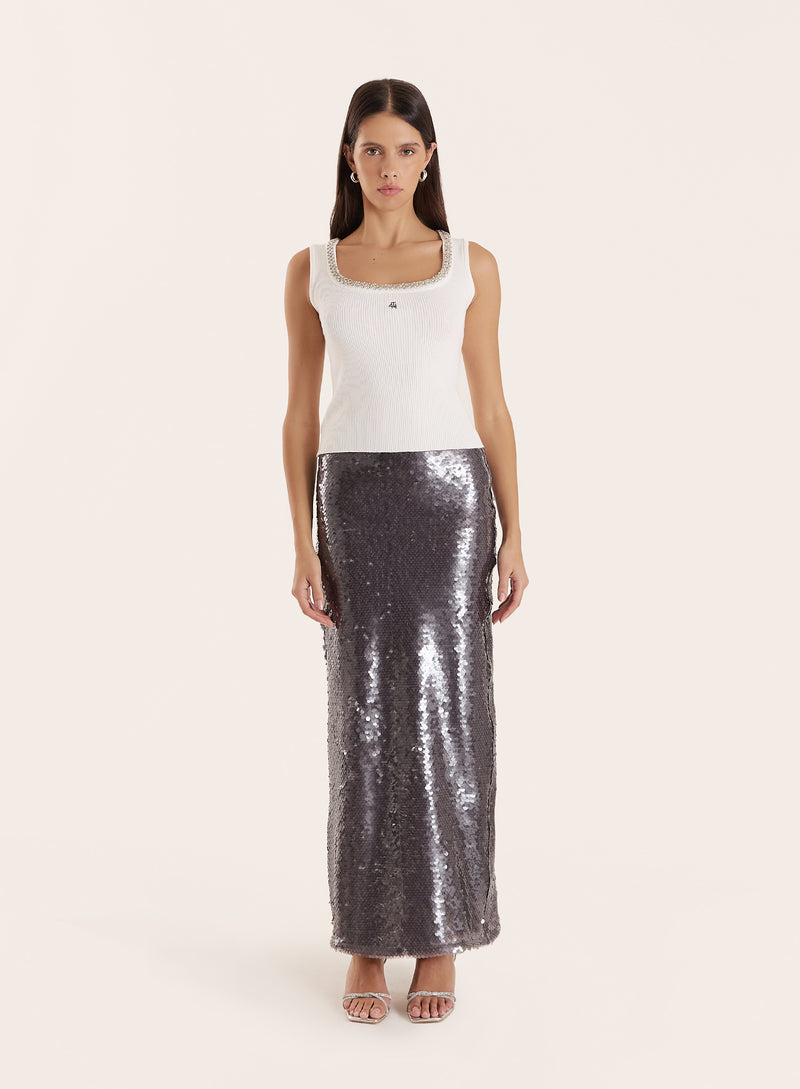 White Embellished Trim Square Neck Vest Top- Dixie