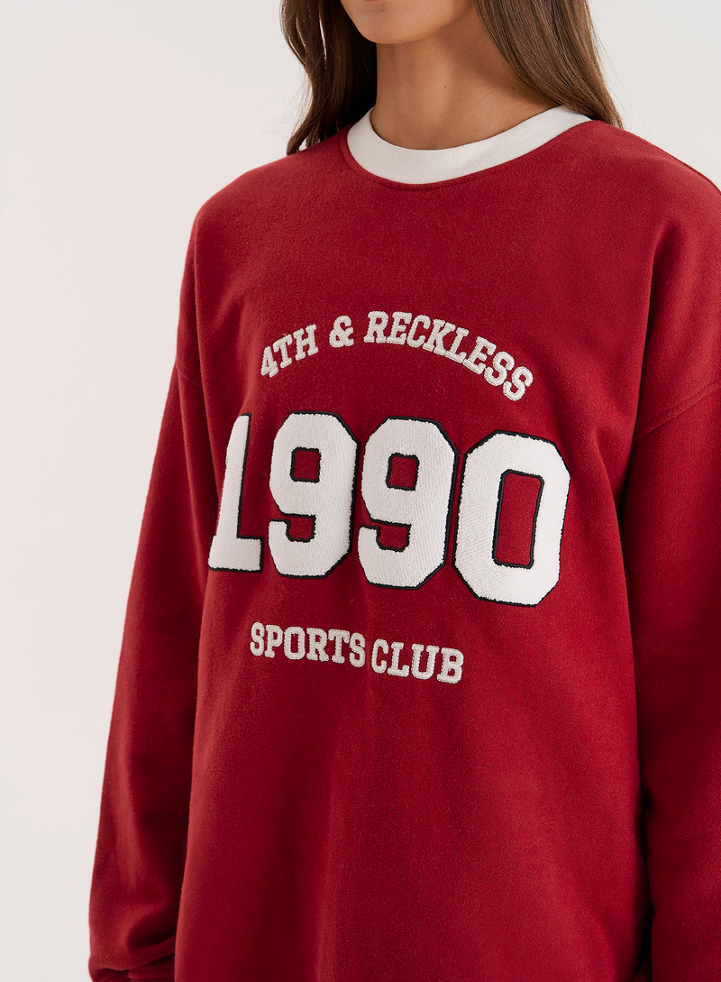 Red Contrast Trim Slogan Classic Longline Sweatshirt- Atlas