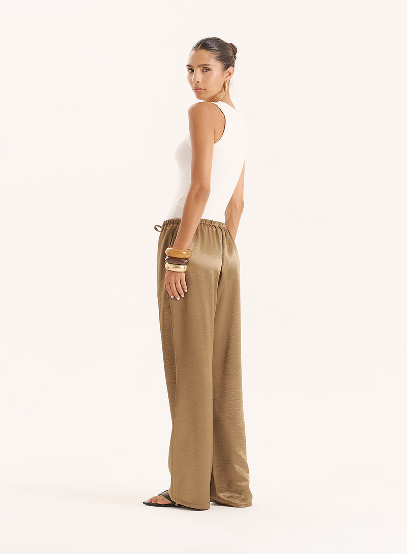 Mocha Satin Tie Waist Wide Leg Trouser- Shelby