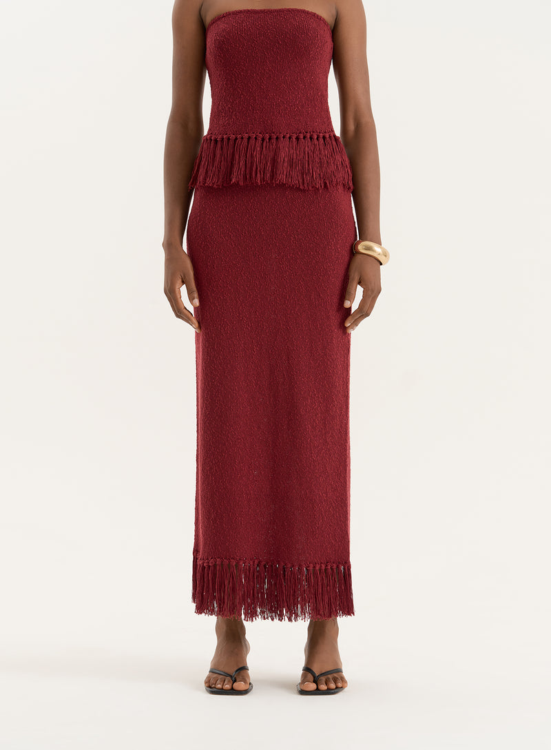 Burgundy Tassel Trim Knitted Maxi Skirt- Gabby