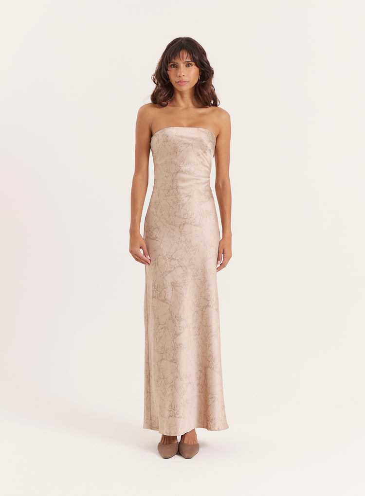 Beige Print Bandeau Satin Maxi Dress- Shona