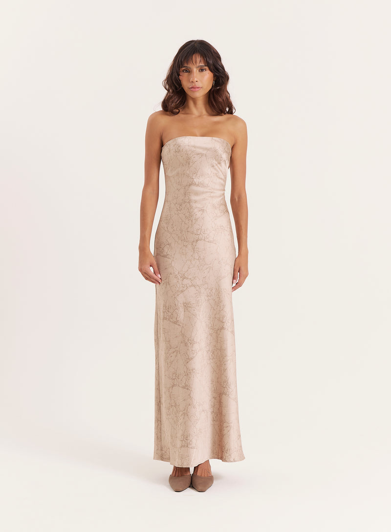 Beige Print Bandeau Satin Maxi Dress- Shona