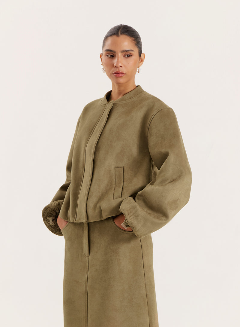 Olive Faux Suede Bomber Jacket