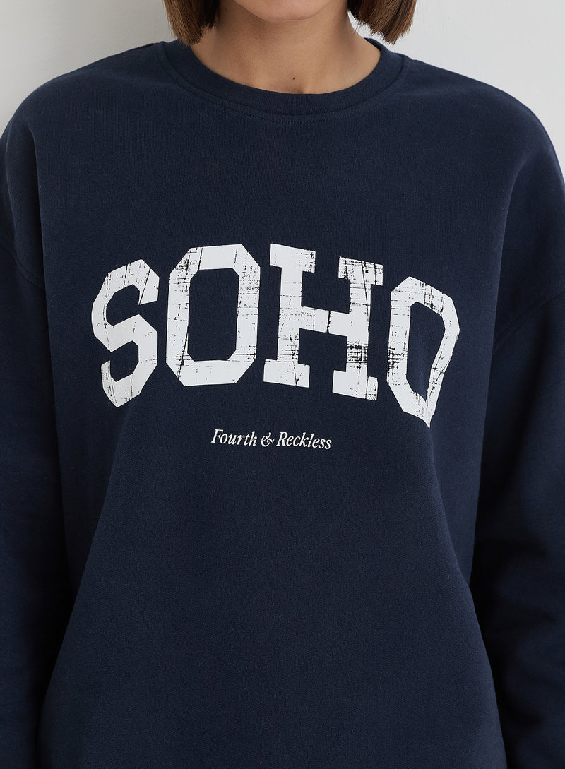 Navy Distressed Soho Slogan Classic Longline Sweatshirt- Bobbi