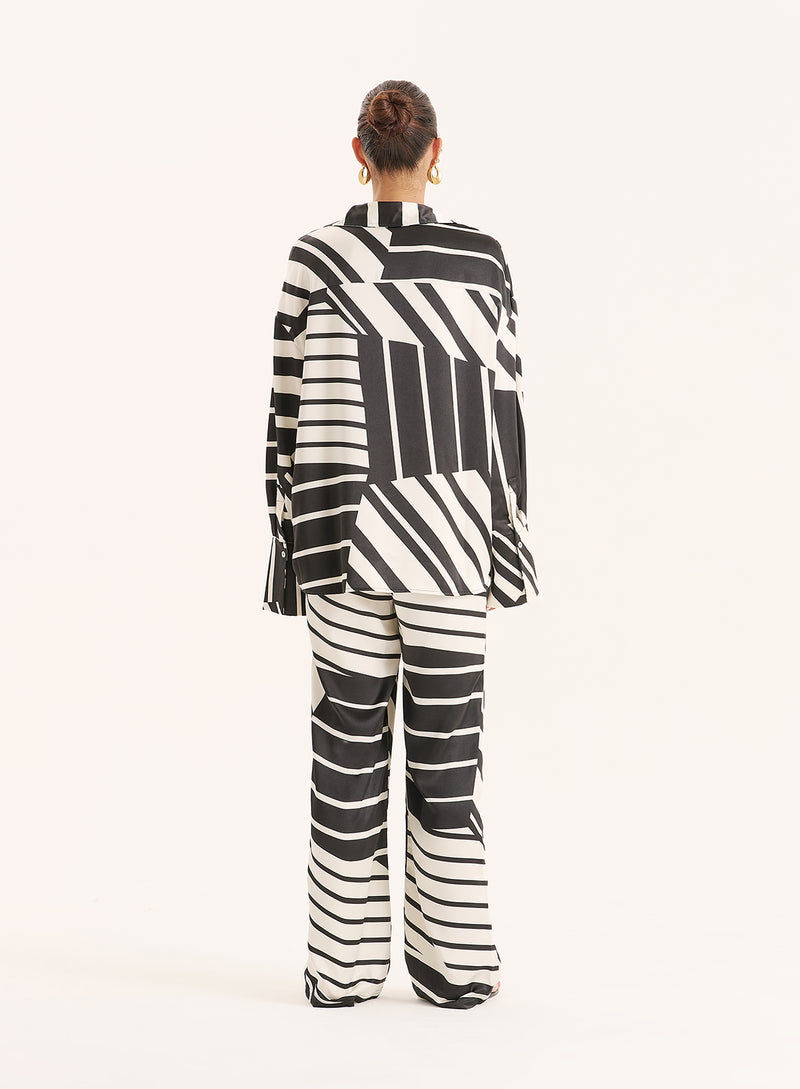 Black And White Abstract Print Satin Shirt- Amira