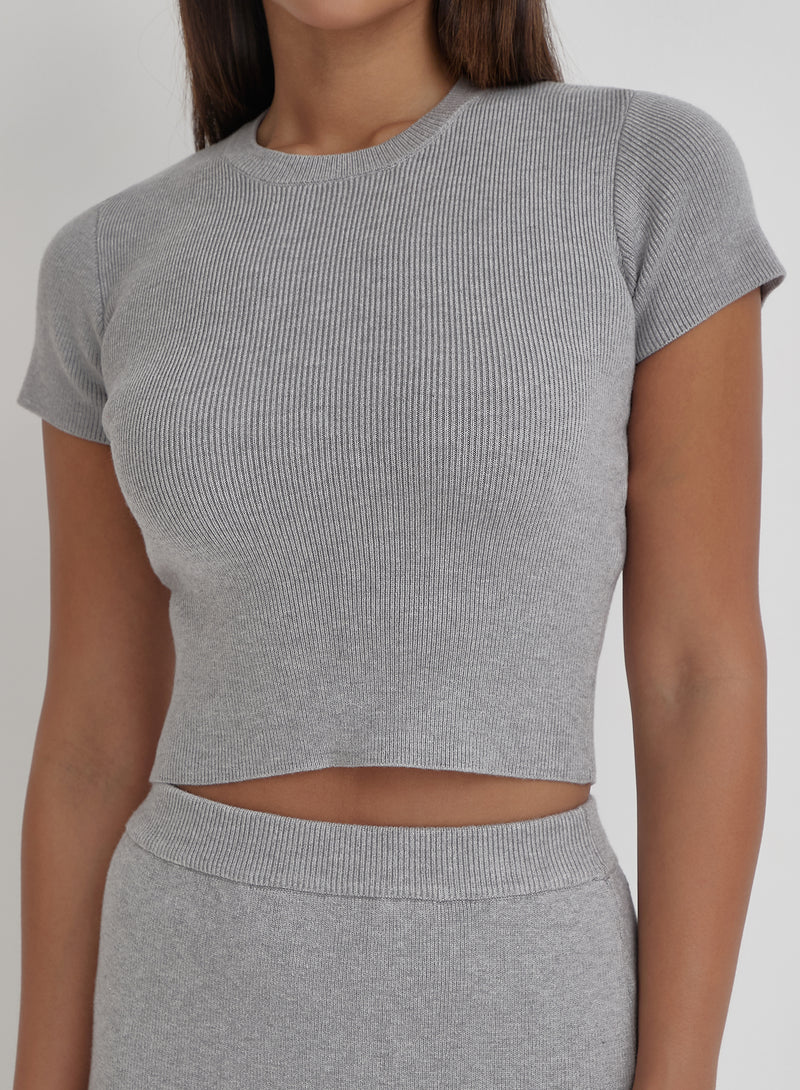 Grey Knitted Short Sleeve Top- Lago