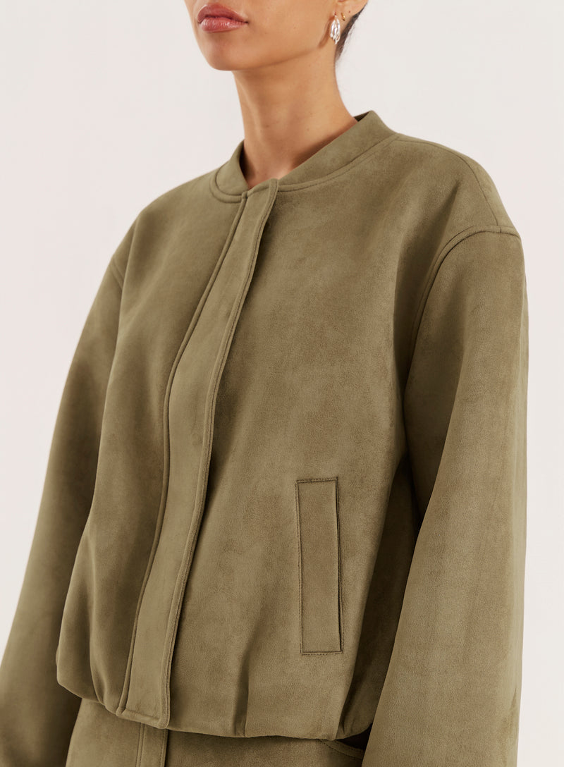 Olive Faux Suede Bomber Jacket