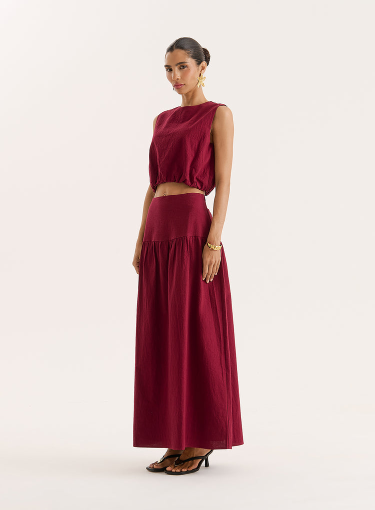 Burgundy Cotton Drop Waist Maxi Skirt- Selene
