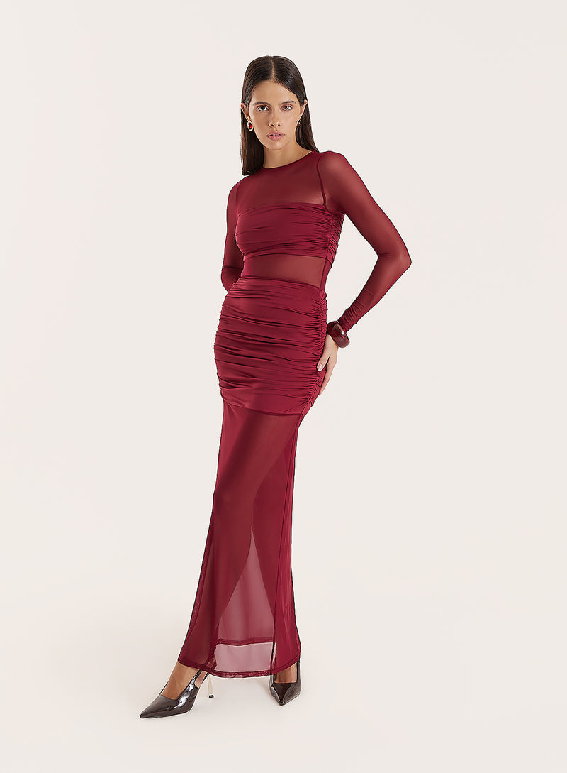 Burgundy Jersey And Mesh Mix Long Sleeved Maxi Dress- Sadie