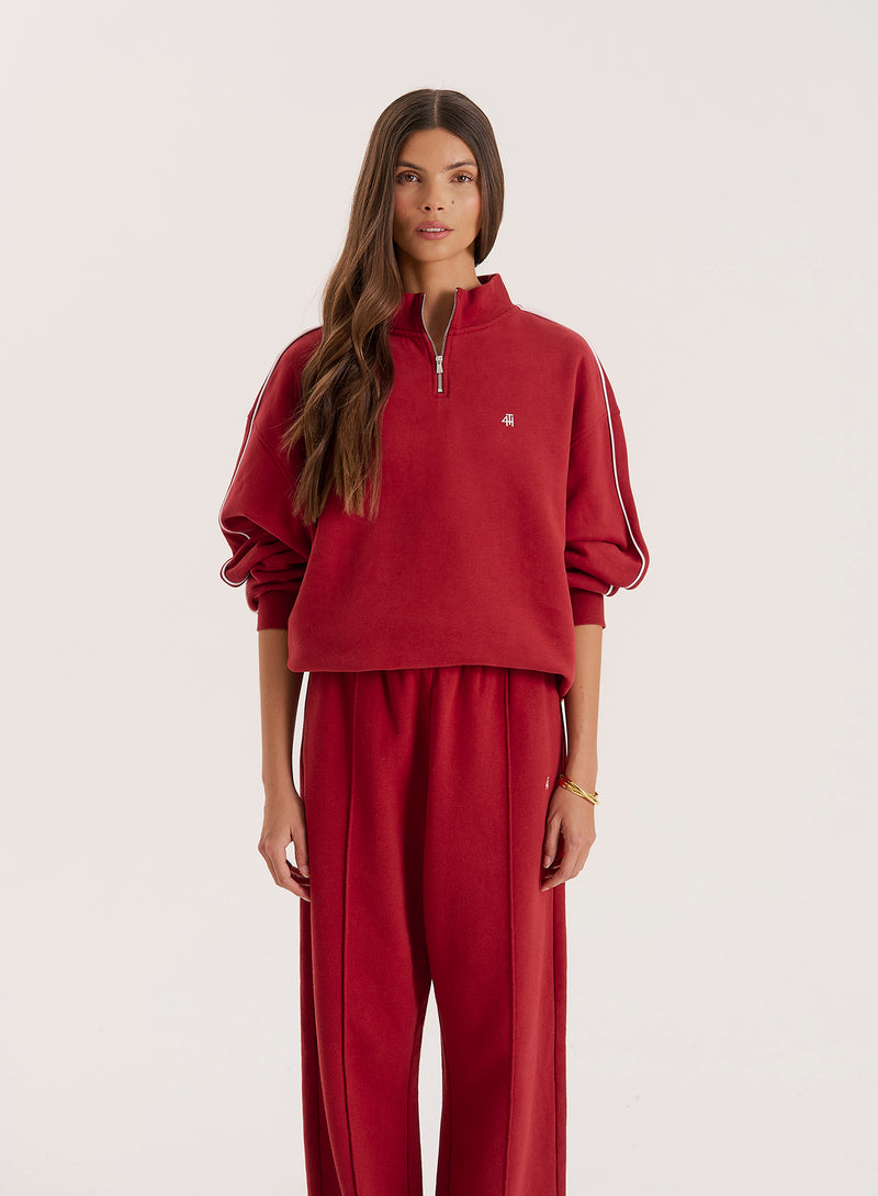 Red Branded Half Zip Cropped Sweatshirt- Gilly