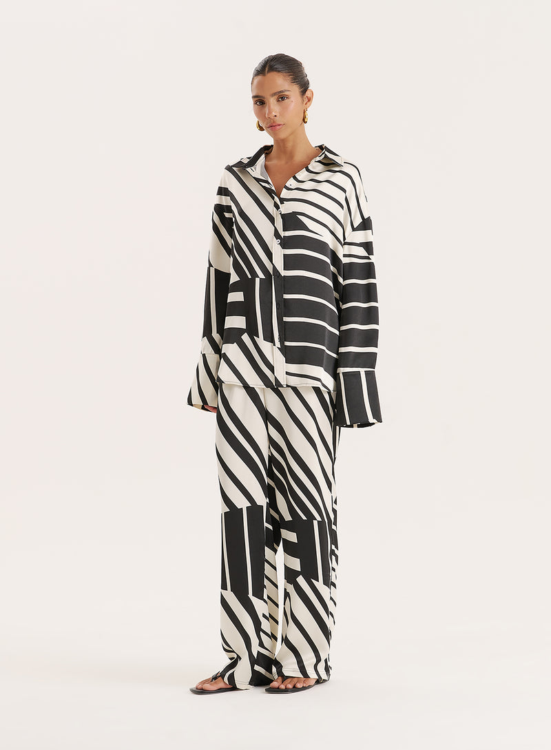 Black And White Abstract Print Satin Shirt- Amira