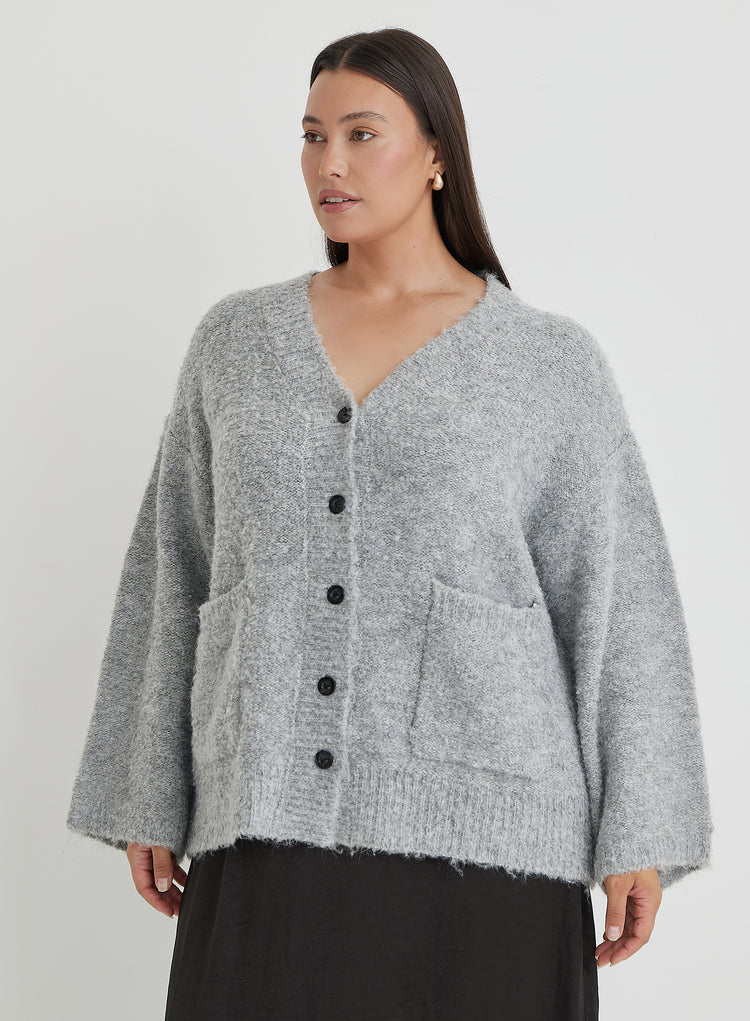 Grey Plus Size Brushed Knit Cardigan- Lidia