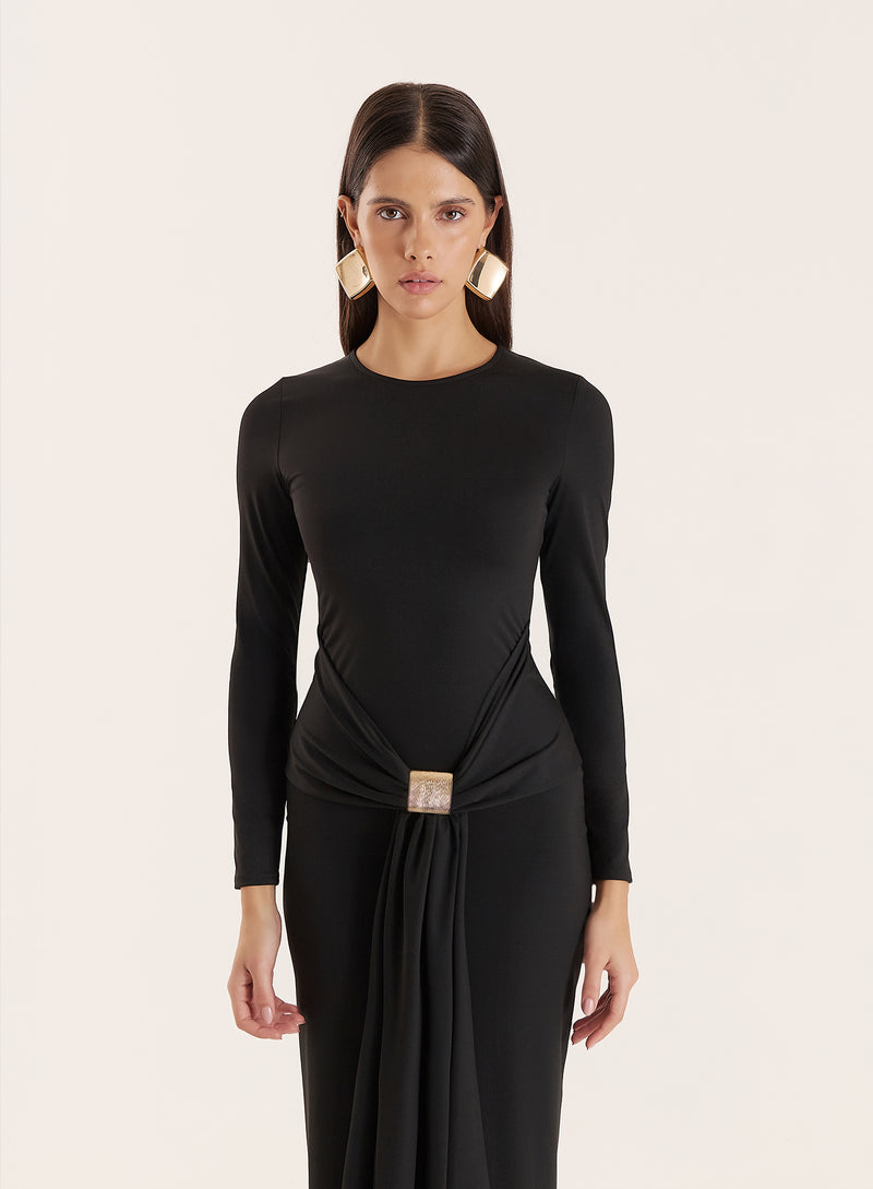 Black Jersey Hardware Waist Detail Maxi Dress- Mel