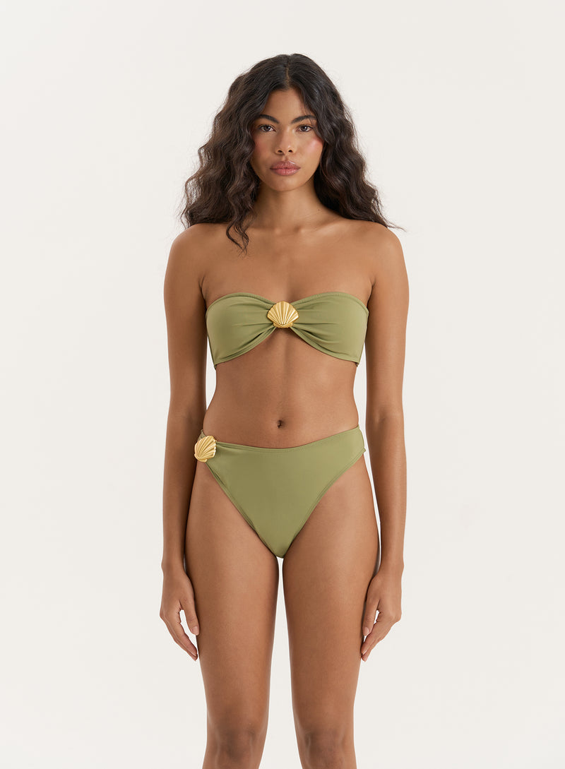 Olive Shell Buckle High Leg Bikini Bottom- Tamia