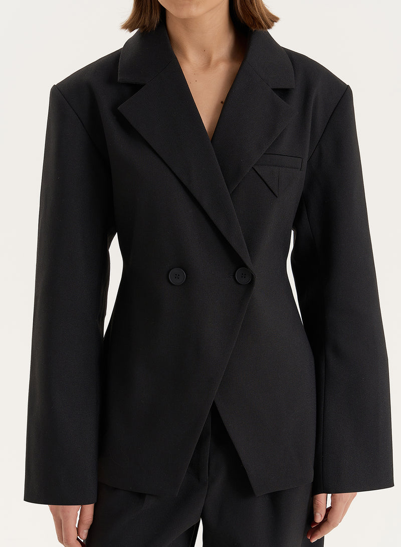 Black Cinched Waist Tailored Blazer- Reese