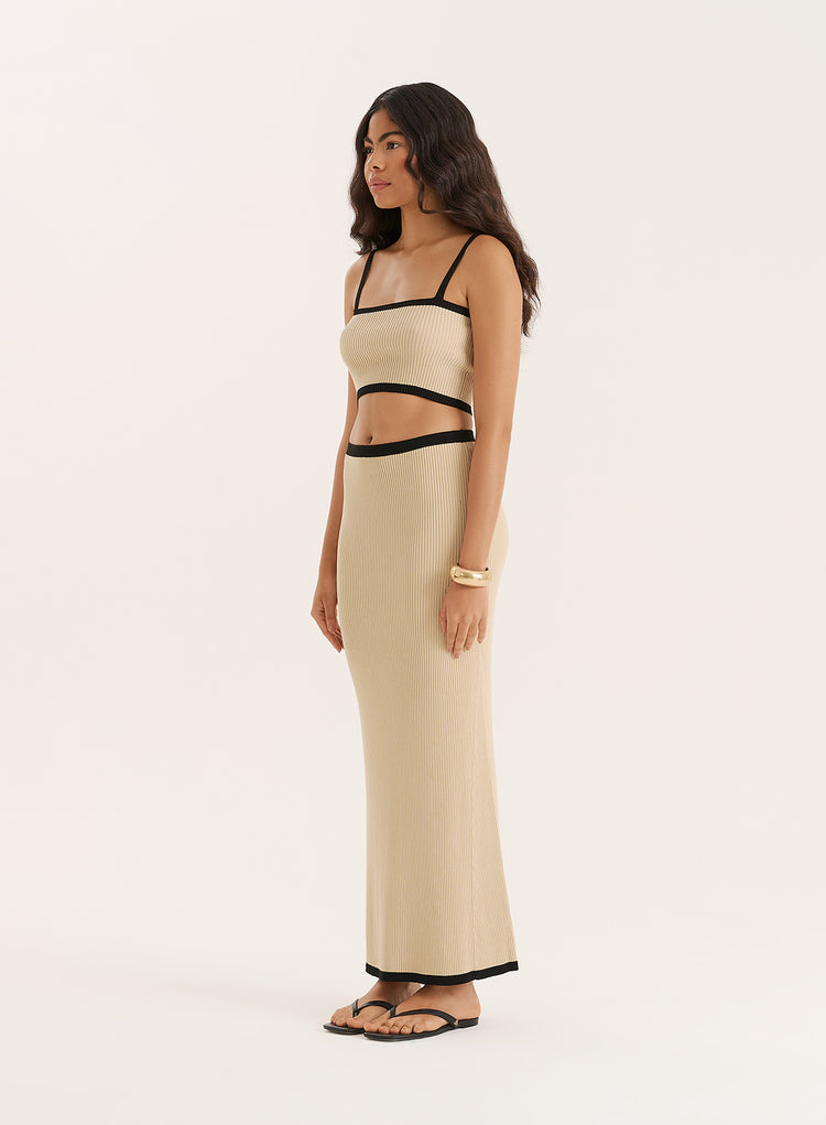 Cream Contrast Waistband Knitted Maxi Skirt- Colette