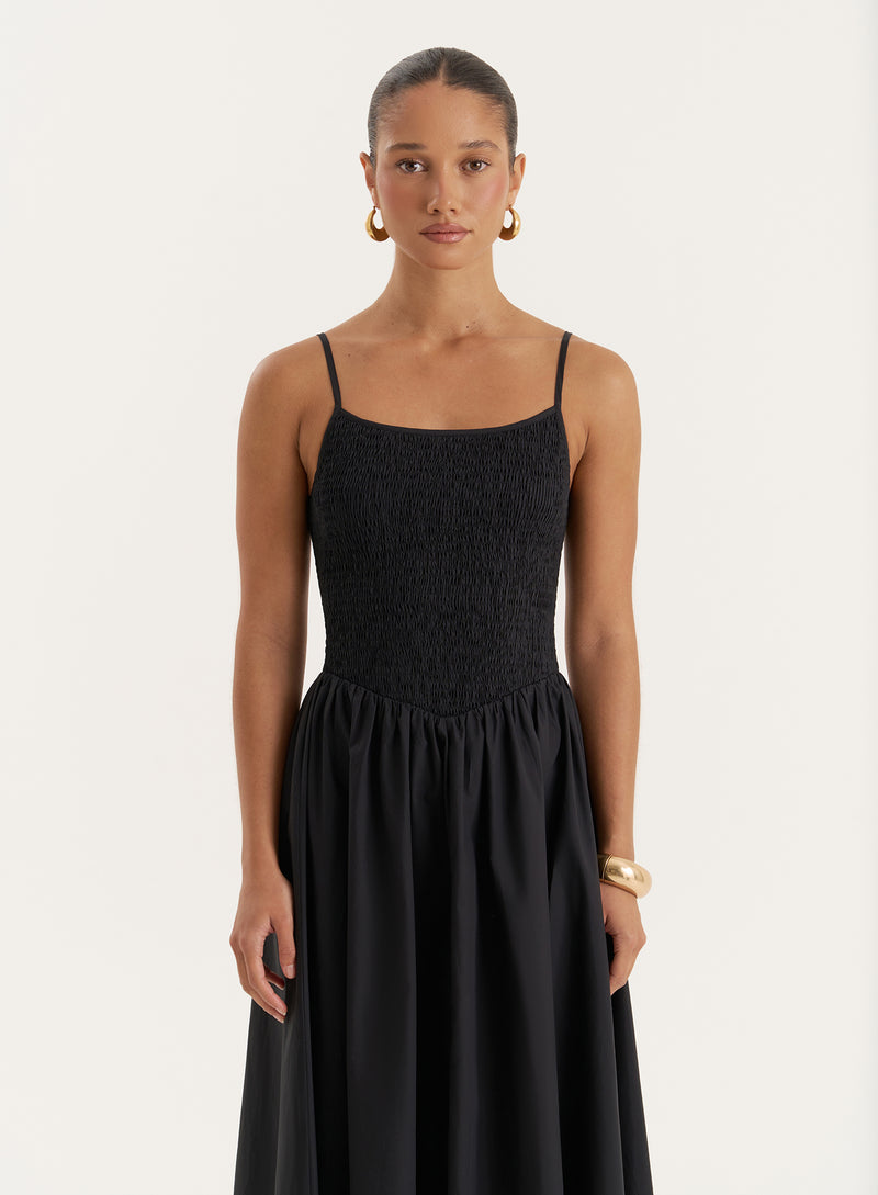 Black Shirred Cotton Maxi Dress- Milano