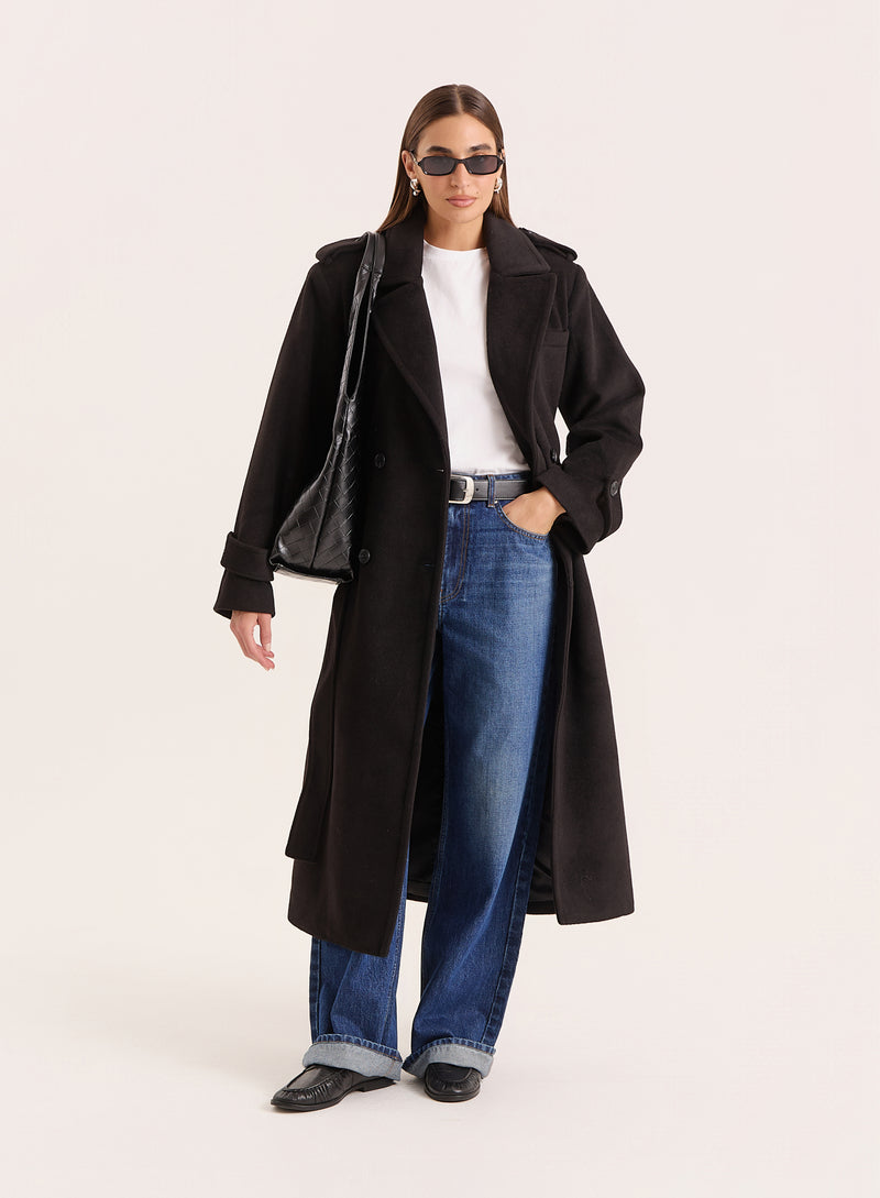 Black Tailored Belted Longline Coat- Anderson