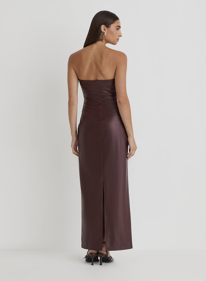 Burgundy Faux Leather Bandeau Maxi Dress- Karina