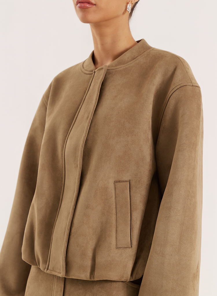 Olive Faux Suede Bomber Jacket- Lorna