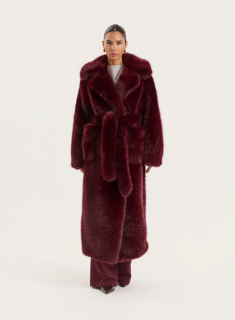 Burgundy Faux Fur Belted Longline Coat- Schiffer
