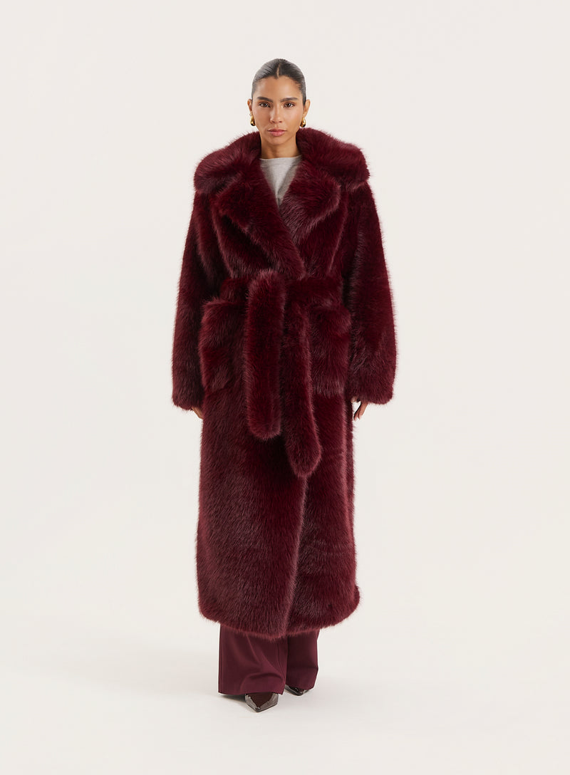 Burgundy Faux Fur Belted Longline Coat- Schiffer