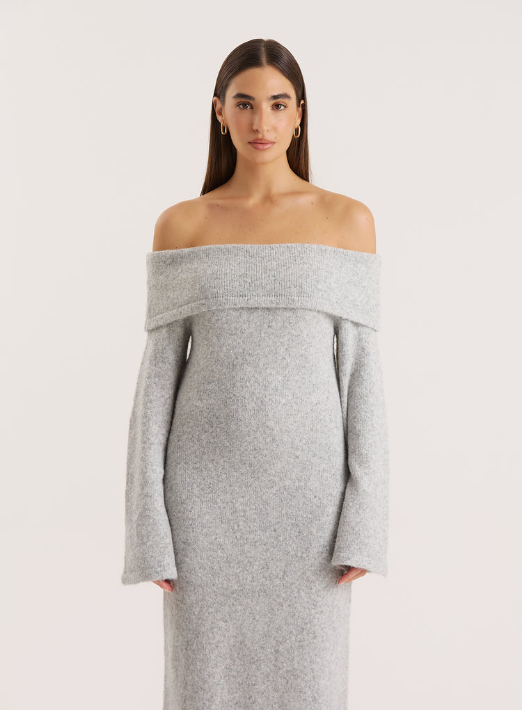 Grey Off Shoulder Knitted Maxi Dress- Sable