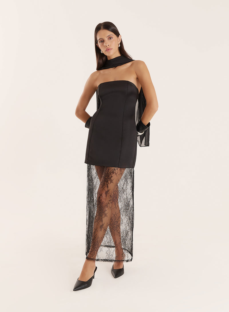 Black Bandeau Woven And Lace Mix Maxi Dress- Elayne