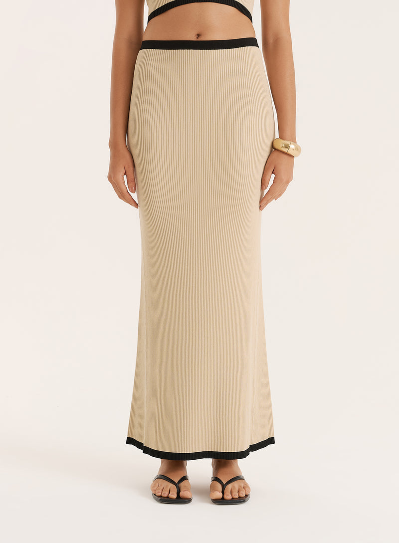 Cream Contrast Waistband Knitted Maxi Skirt- Colette