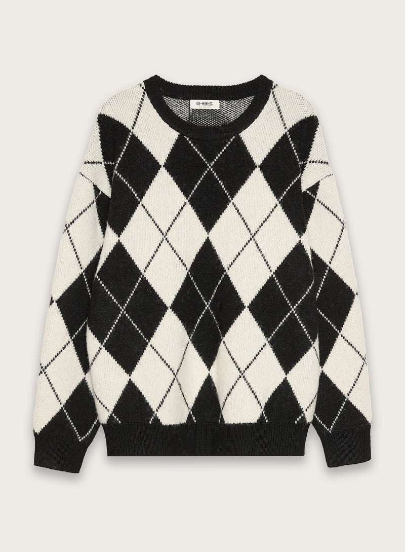Black And Cream Knitted Argyle Crew Neck Jumper