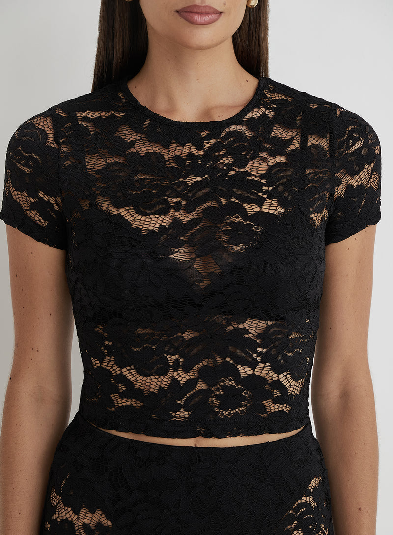 Black Short Sleeve Lace Top- Olga