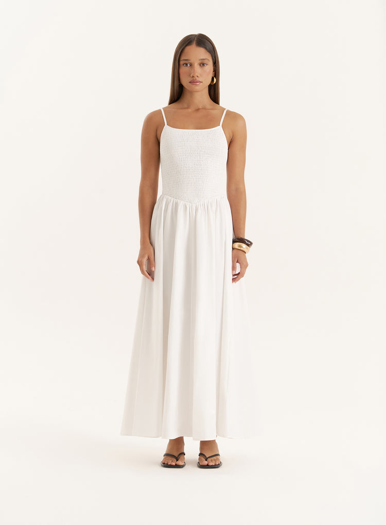 White Shirred Cotton Maxi Dress- Milano