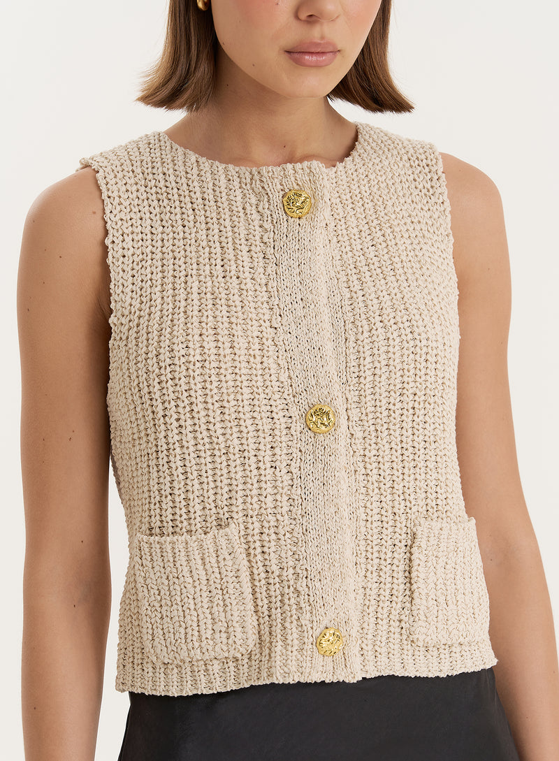 Beige Boucle Knit Sleeveless Waistcoat- Kristy