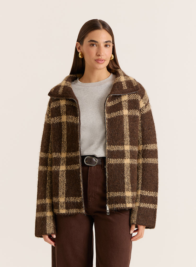 Chocolate Checked Knitted Zip Jacket- Samira