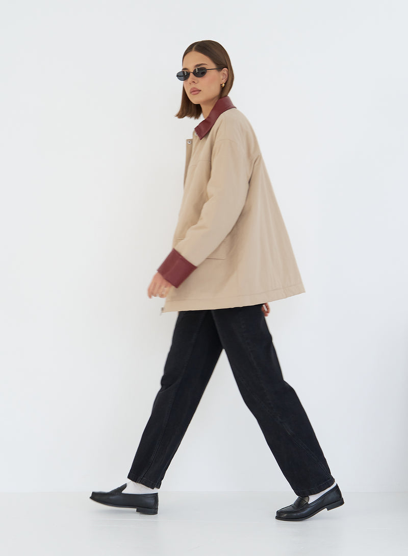 Beige Contrast Collar Barn Jacket- Jackson