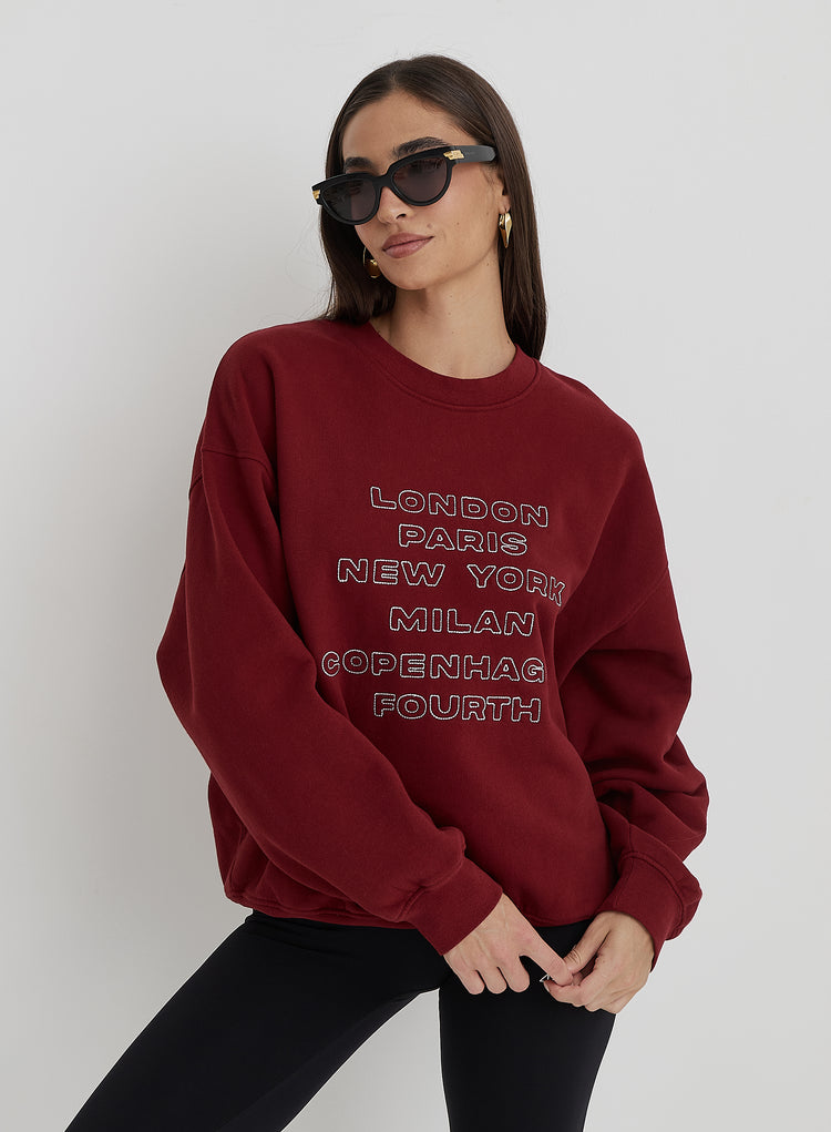 Burgundy Fashion Week Motif Sweatshirt- Elle