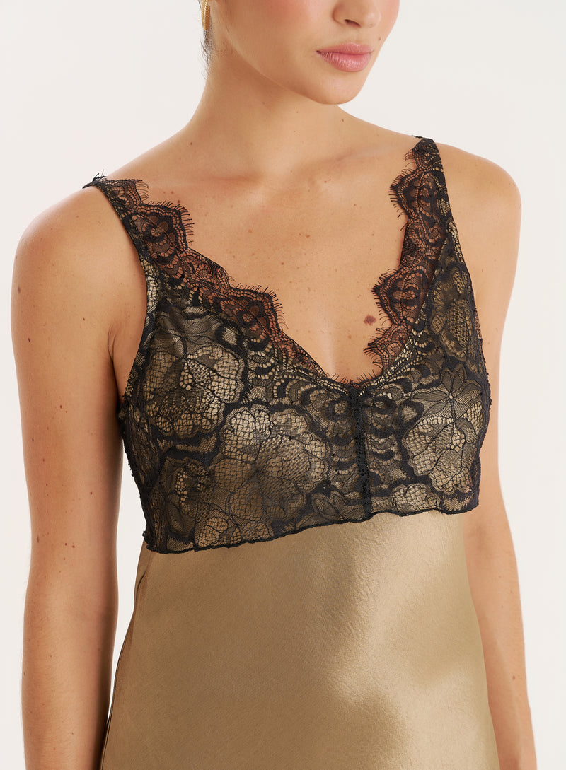 Khaki Satin Lace Trim Maxi Dress- Smythson