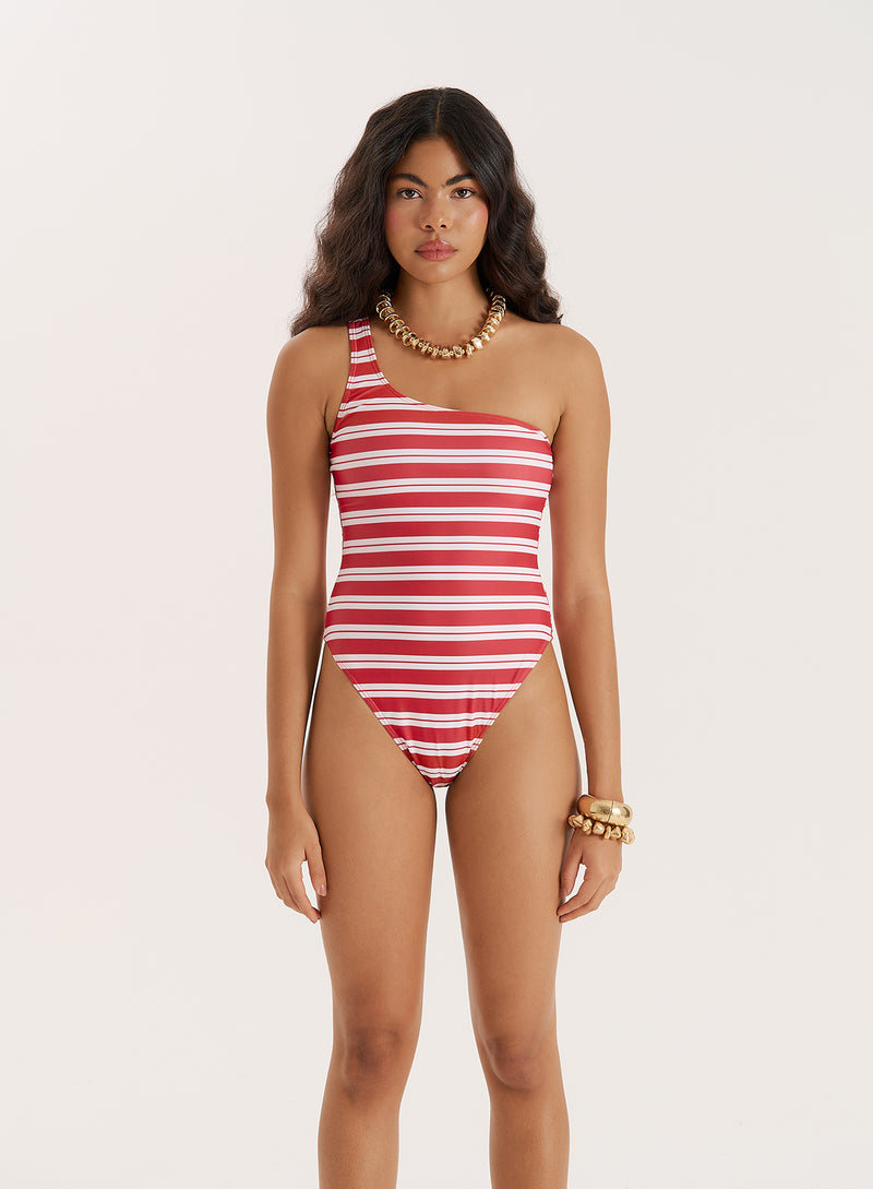 Red And White Stripe One Shoulder Swimsuit- Tide