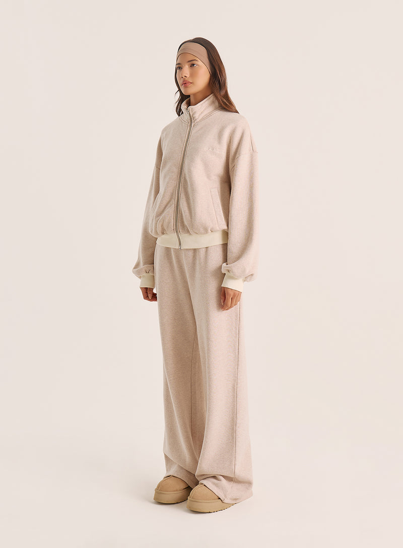 Oatmeal Logo Detail Ribbed Cuff Zip Sweatshirt