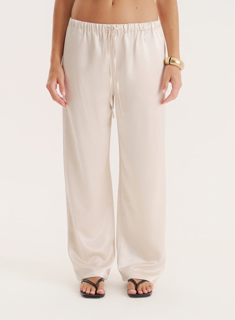Cream Satin Elasticated Waist Wide Leg Trouser- Shelby